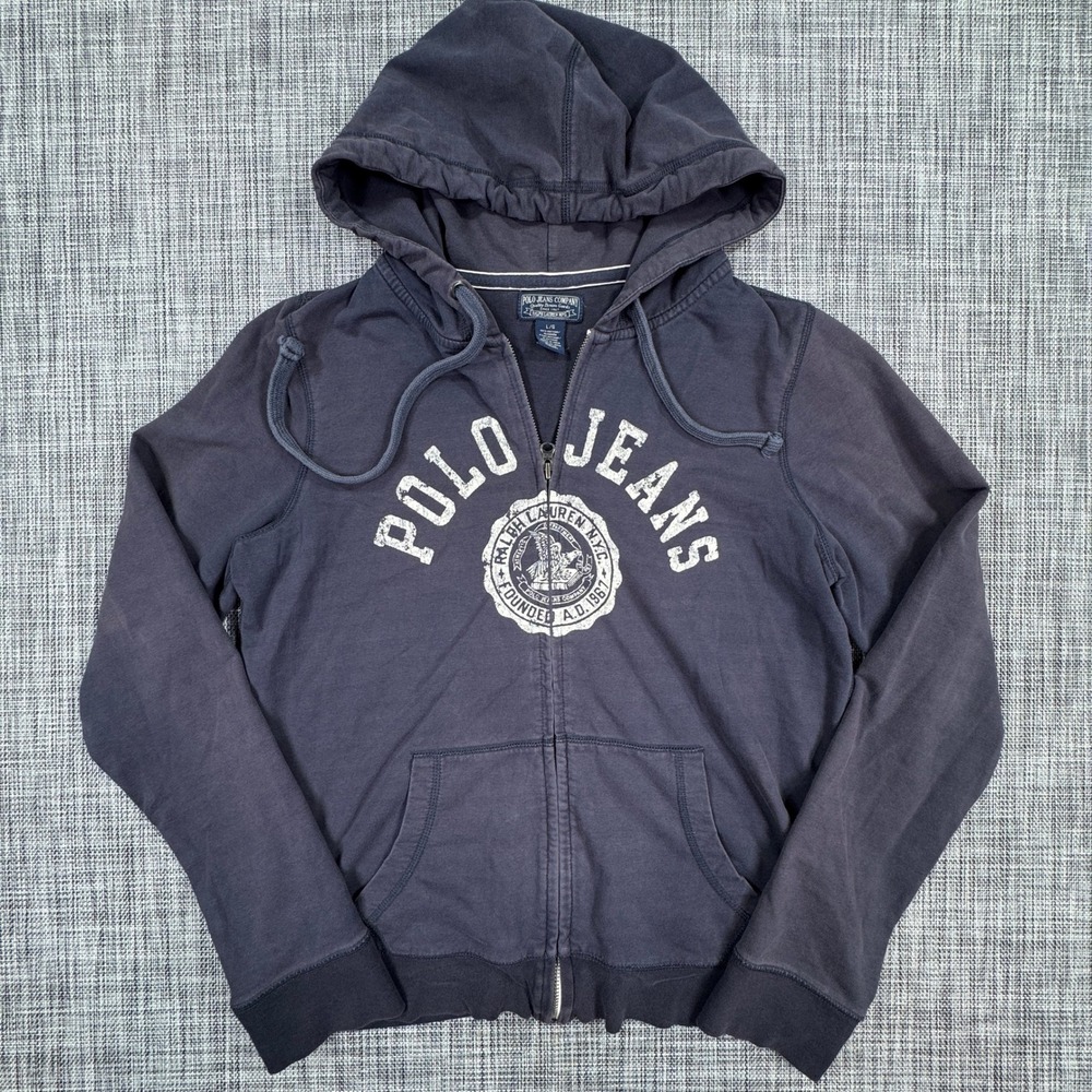 Polo Jeans Ralph Lauren Large Navy Full Zip Graphic Hoodie Cotton Blend Pockets